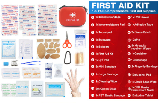 All-In-One Compact First Aid Kit with Waterproof Hard Shell Case - 100 PCS