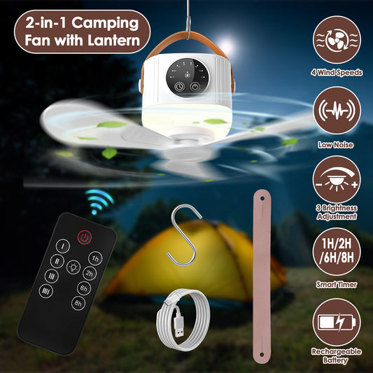 Hanging canopy fan with 4 speeds and 3 brightness levels for camping