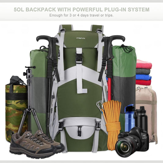 Weekend hiking backpack with its included rain cover fitted