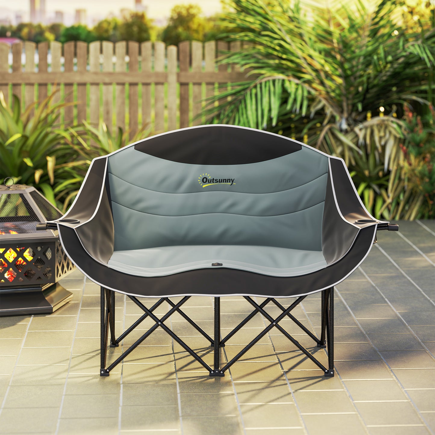 Padded Folding Camp Chair for Adults, Double Camping Chair with Armrests, Cup Holders, Carry Bag for Outdoor, Black