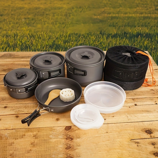 Folding camp cookware nested into a single compact bundle for packing