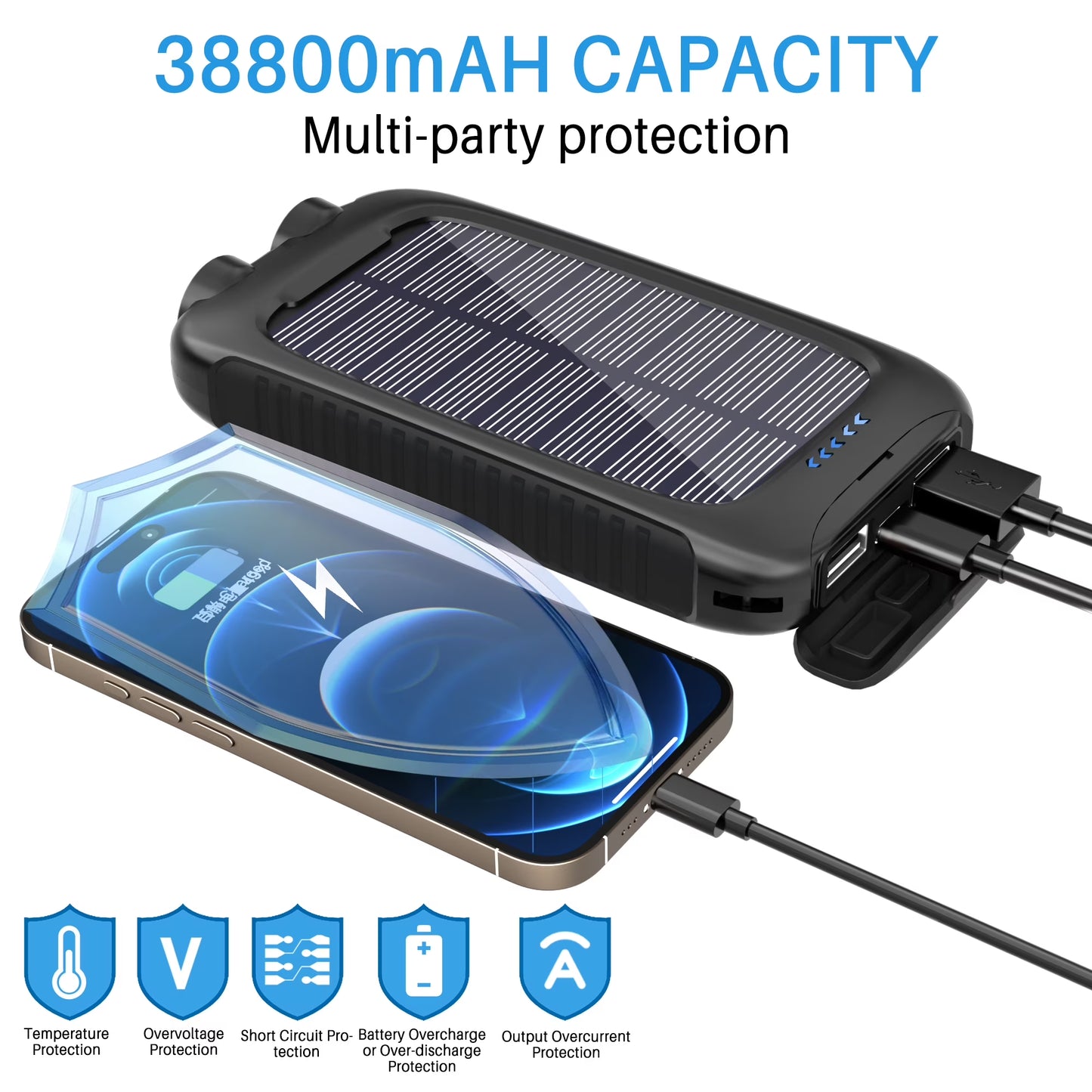 38800Mah Solar Charger Portable Solar Power Bank with Dual 5V USB Ports, Dual Flashlight for Camping(Black)