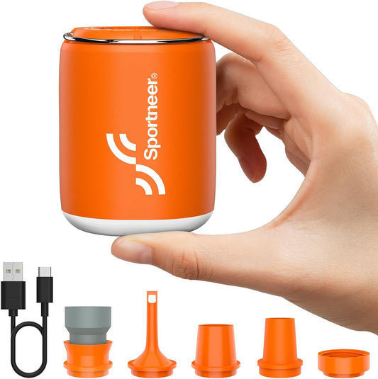 Compact 3.6 oz air pump with built-in LED light and hanging hook