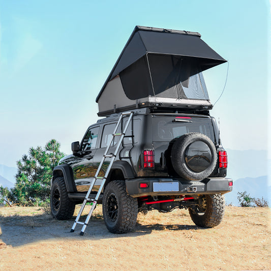 Overland rooftop tent open and ready to sleep two to three people