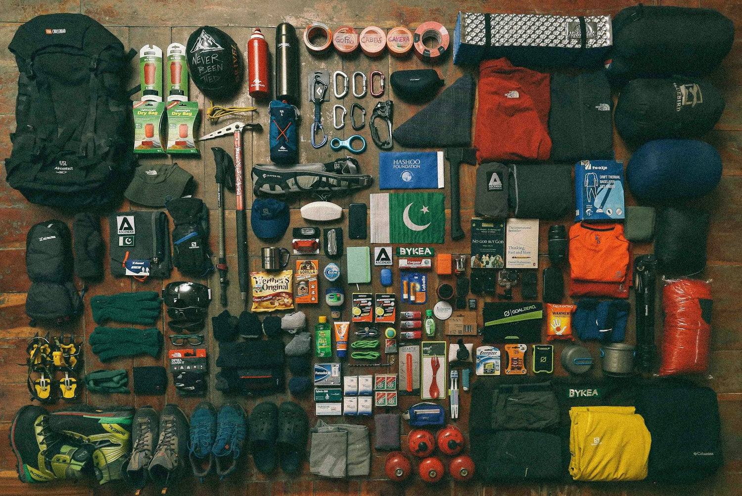 Camping gear and essentials laid out flat