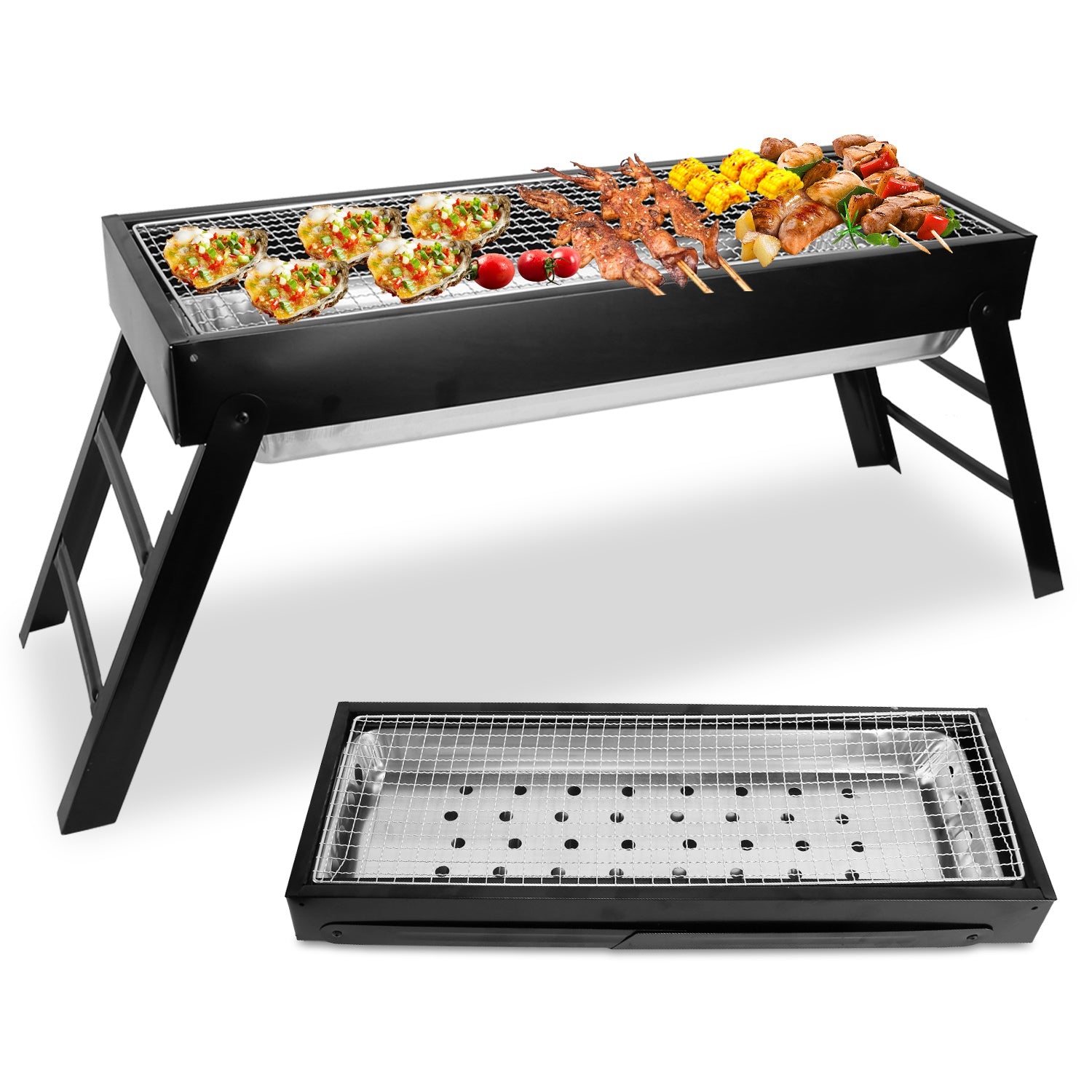 Portable tabletop charcoal grill folded flat for packing