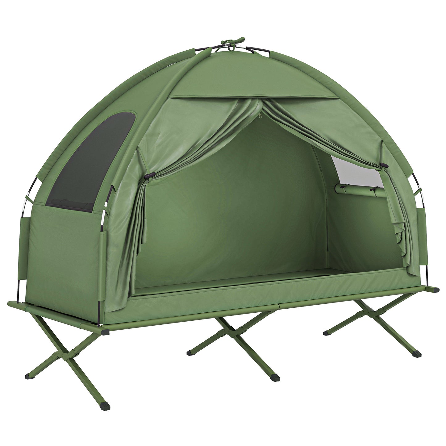 Tent cot with integrated zip canopy raising the bed off the ground