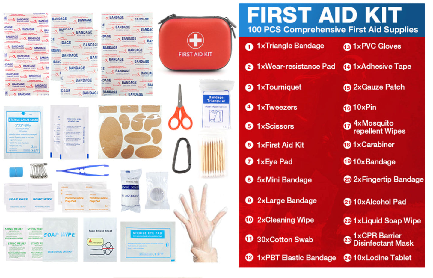 All-In-One Compact First Aid Kit with Waterproof Hard Shell Case - 100 PCS