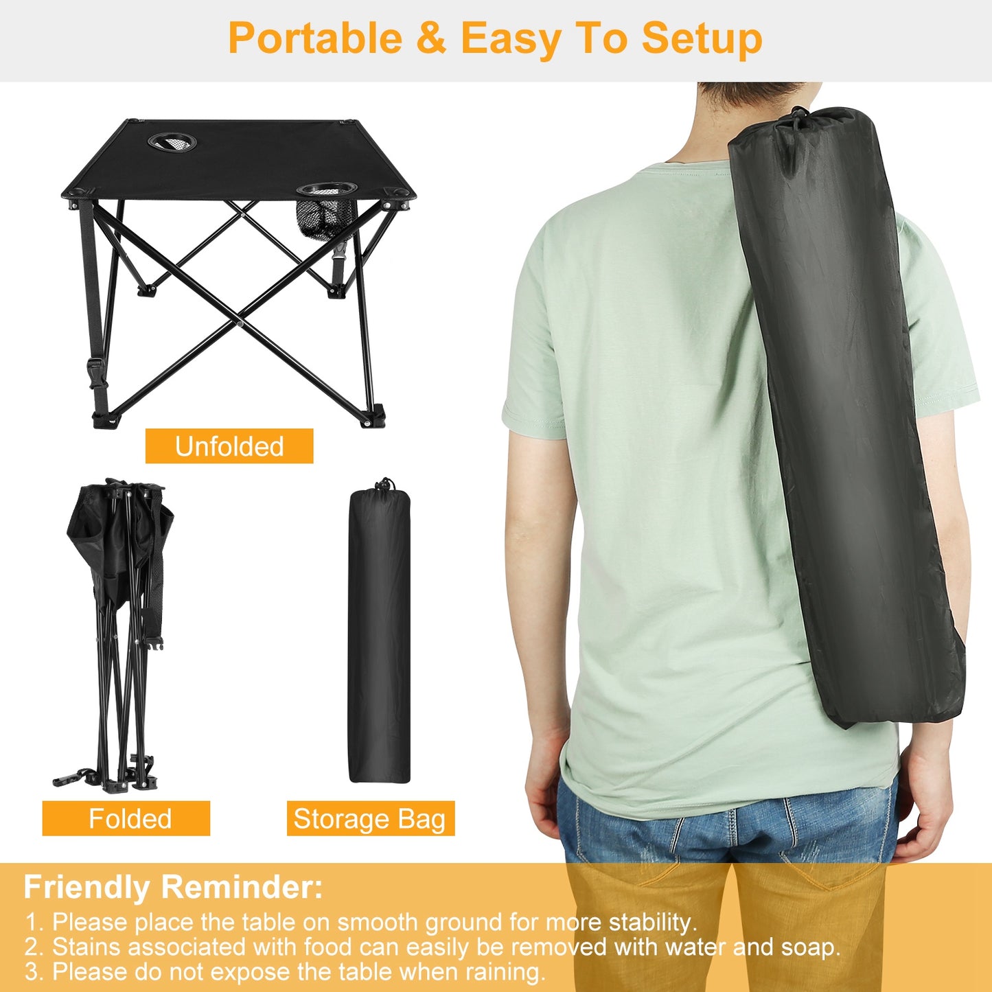 1Pc 2Pc Options Foldable Camping Table Portable Picnic Table Lightweight Travel Desk with 2 Cup Holders Carrying Bag Color Options Black Orange Green Red Blue Navy Blue