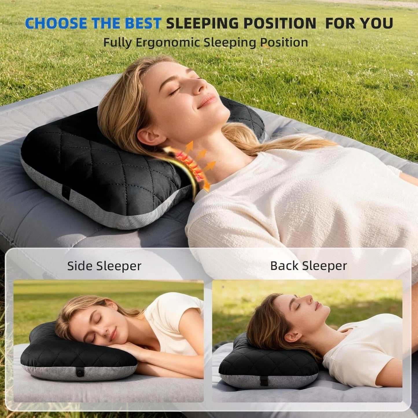 Inflatable Camping Pillow, Ultralight Travel Air Pillow, Black | Reinforced TPU Bladder with Washable Quiet Cover for Neck and Lumbar Support on Camping, Backpacking, Hiking and Travel.