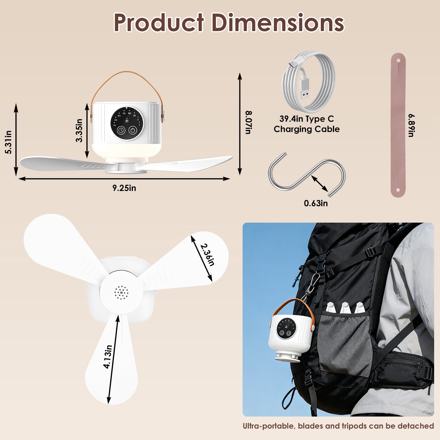 1Pc Tent Ceiling Fan with Light 7200Mah Rechargeable Battery Operated Hanging Canopy Fan with Remote Control 4 Wind Speeds 3 Brightness Standard Type