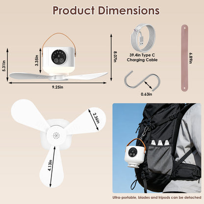 1Pc Tent Ceiling Fan with Light 7200Mah Rechargeable Battery Operated Hanging Canopy Fan with Remote Control 4 Wind Speeds 3 Brightness Standard Type