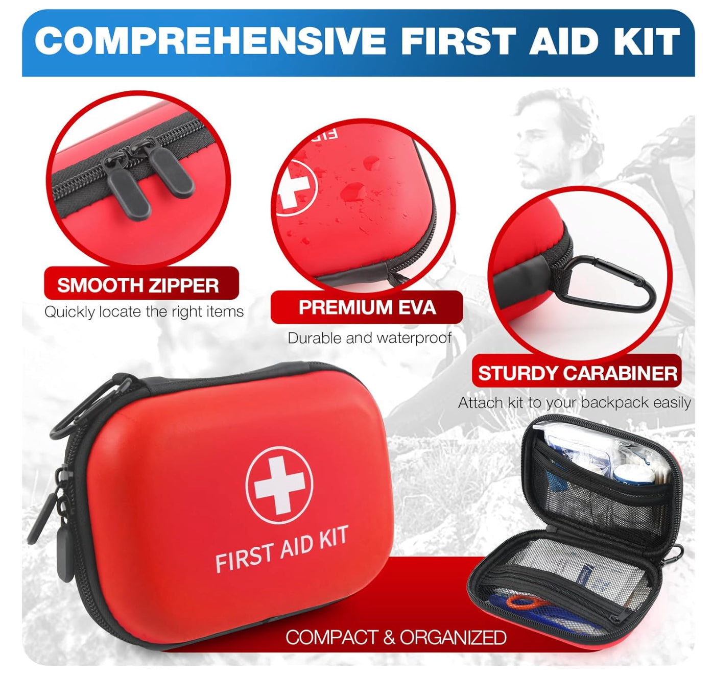 All-In-One Compact First Aid Kit with Waterproof Hard Shell Case - 100 PCS