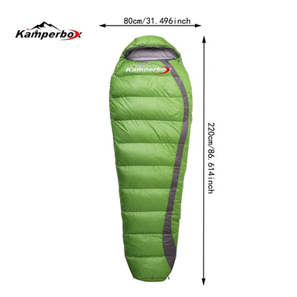 Down camping sleeping bag lofted up and ready for a cold night