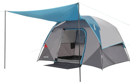 Easy-setup 4-person camping tent with rainfly pitched on grass