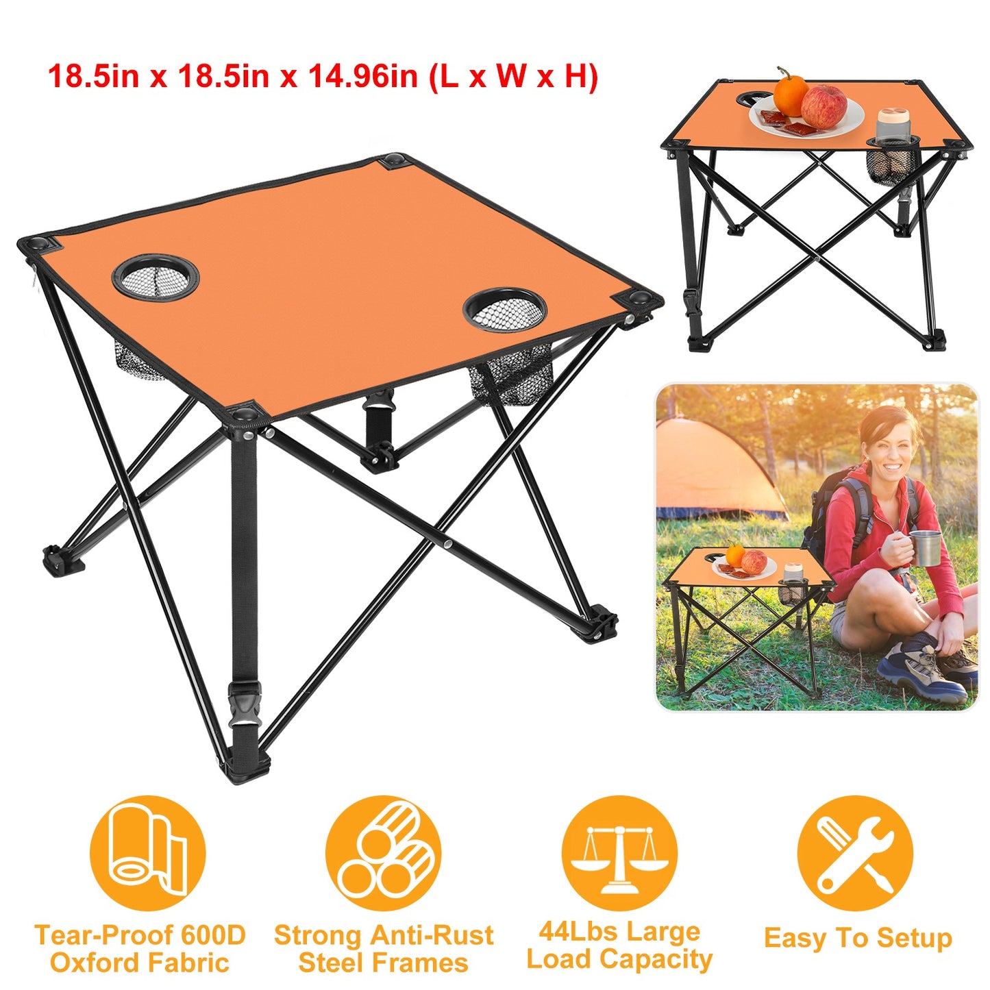 1Pc 2Pc Options Foldable Camping Table Portable Picnic Table Lightweight Travel Desk with 2 Cup Holders Carrying Bag Color Options Black Orange Green Red Blue Navy Blue