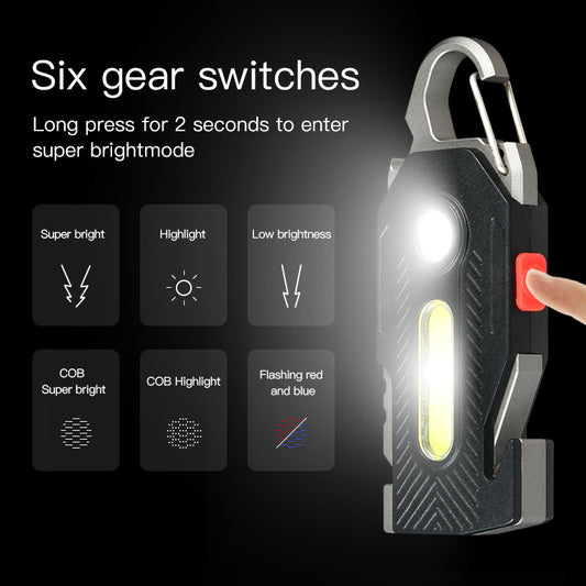 Rechargeable keychain work light throwing a wide even flood beam