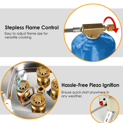 13000W Portable Windproof Camping Stove Five-Head Gas Cooking Burner with Piezo Ignition Stepless Flame Control Fit for Iso-Butane, Propane, Butane Fuel Tank for Backpacking Picnic Outdoor Cooking
