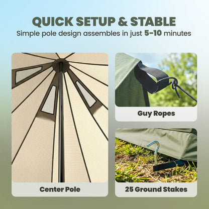 Teepee Tent Waterproof Camping Tent with Stove Jack for 4-6 People for Outdoor Camping Hiking Army Green