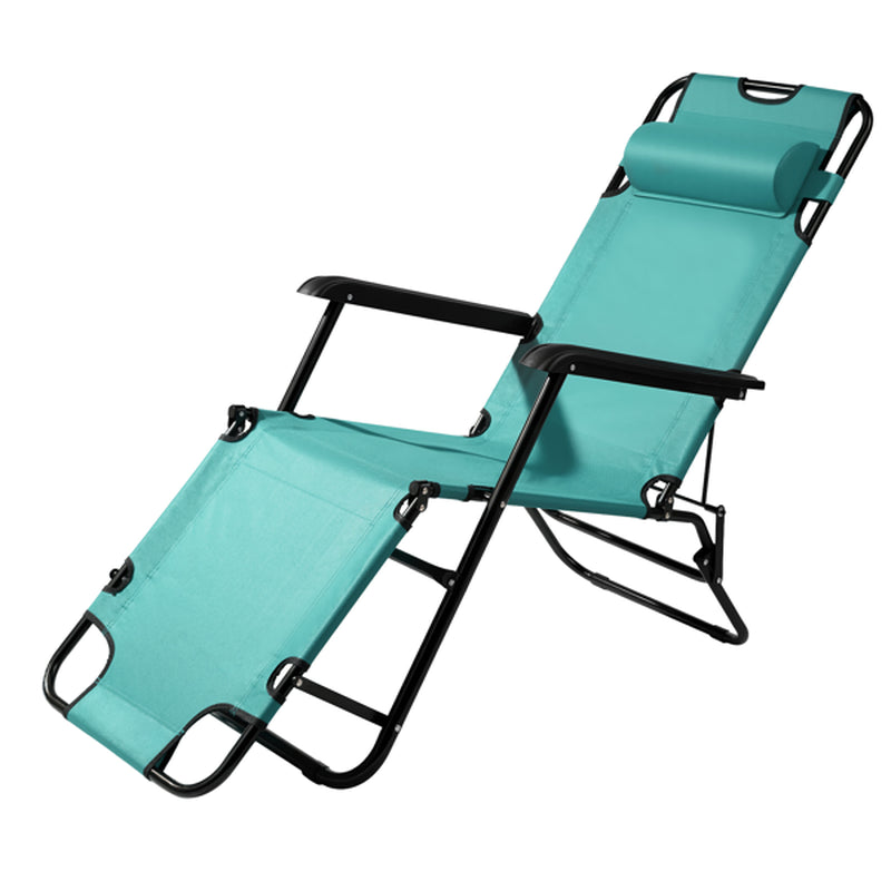 Extendable reclining camp chair in green, shown upright and extended