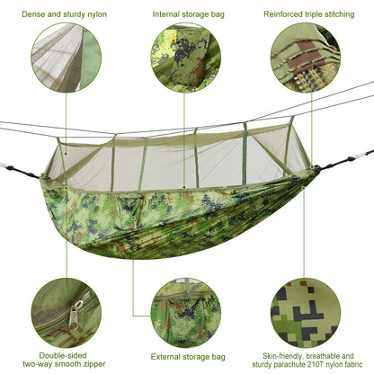 Portable double hammock with bug net and included hanging kit