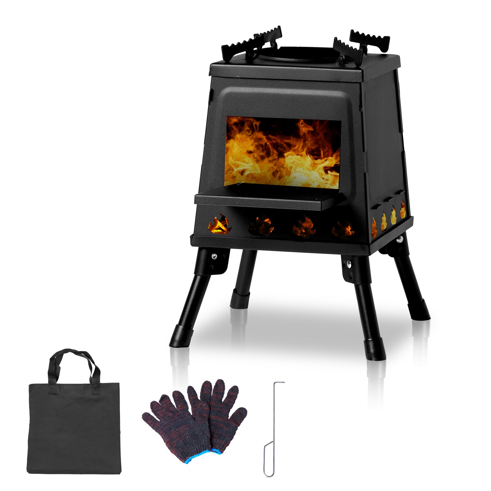 Portable wood-burning camp stove built from detachable wrought iron panels