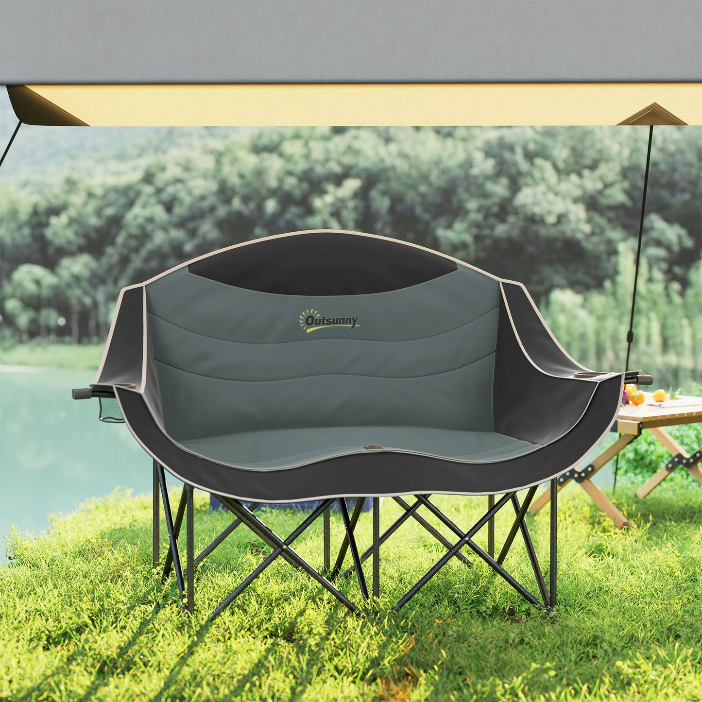 Padded Folding Camp Chair for Adults, Double Camping Chair with Armrests, Cup Holders, Carry Bag for Outdoor, Black