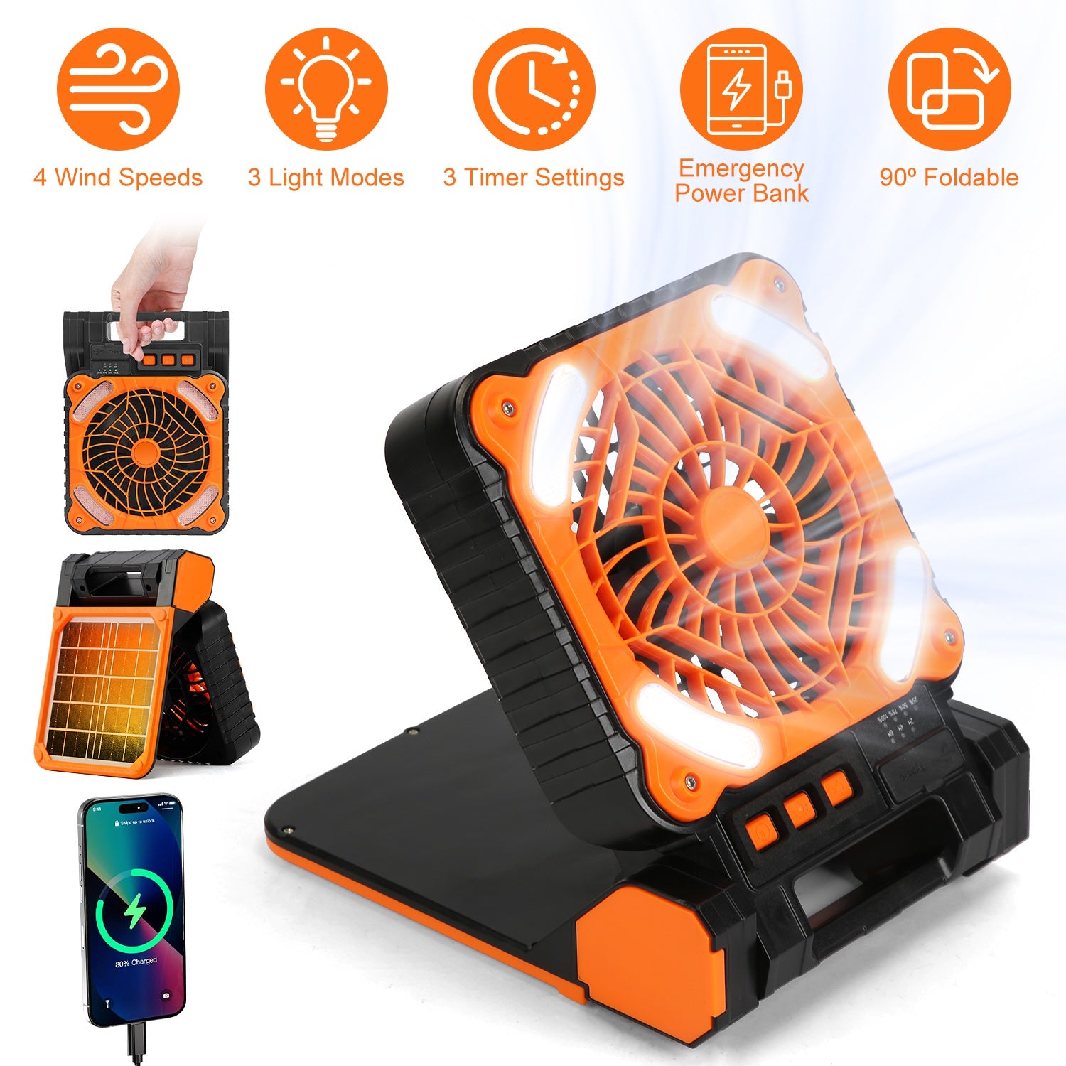 1Pc Solar Camping Fan with LED Lantern 5200Mah Rechargeable Battery Operated Portable Fan with Emergency Power Bank 4 Wind Speeds 3 Light Modes 3 Timers for Hiking Fishing Travel