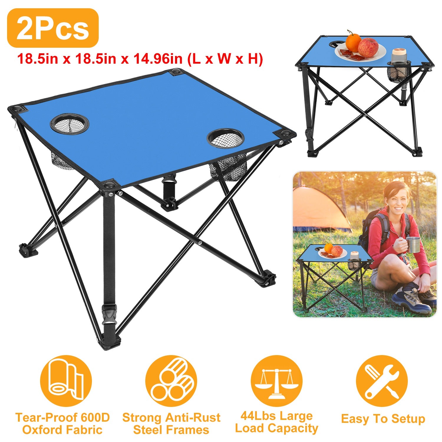 1Pc 2Pc Options Foldable Camping Table Portable Picnic Table Lightweight Travel Desk with 2 Cup Holders Carrying Bag Color Options Black Orange Green Red Blue Navy Blue
