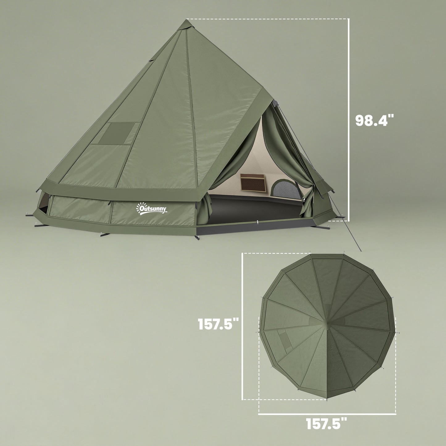 Teepee Tent Waterproof Camping Tent with Stove Jack for 4-6 People for Outdoor Camping Hiking Army Green