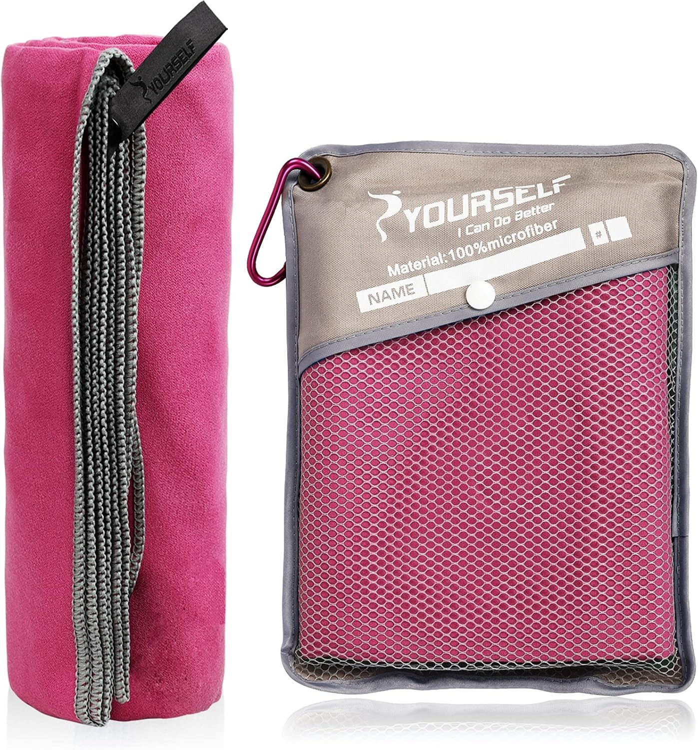 Compact travel towel clipped to a backpack with a carabiner