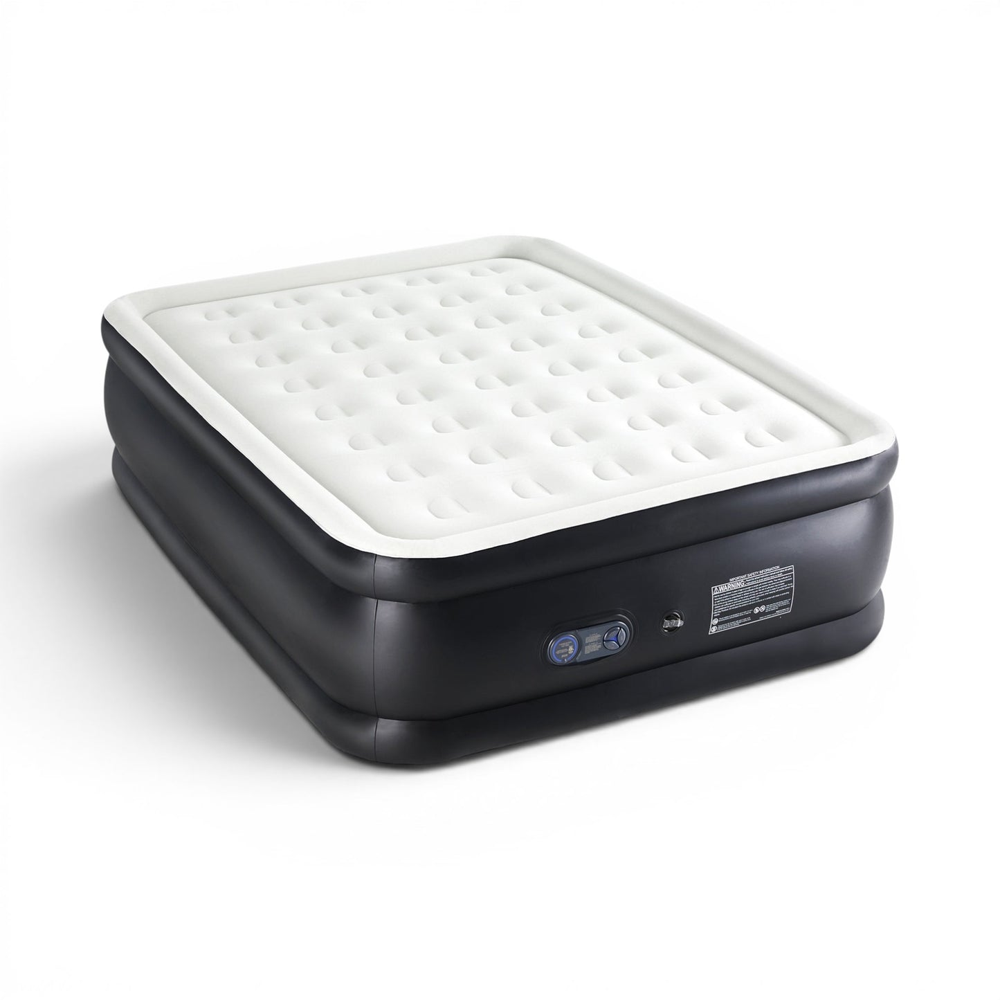 Double-height air mattress with built-in pump inflated inside a tent
