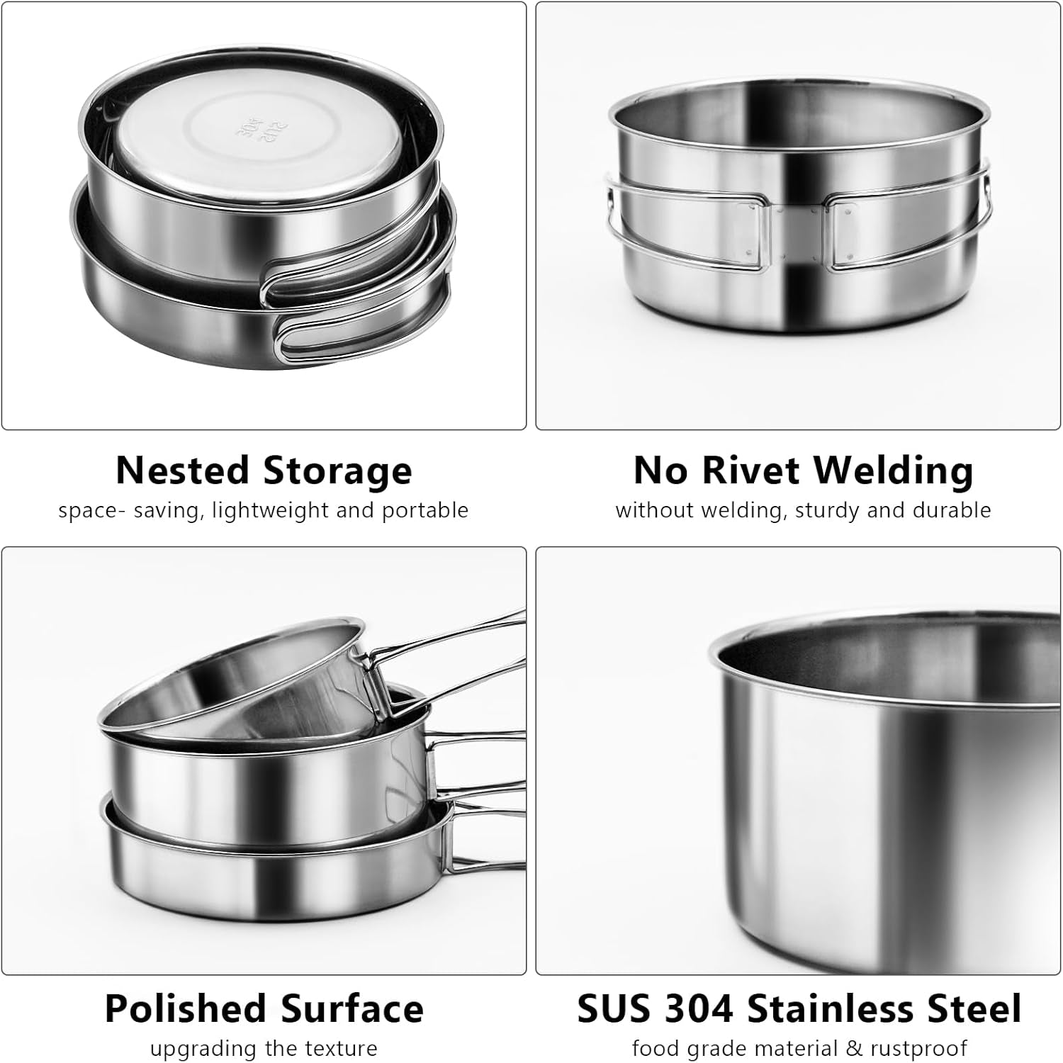 Stainless camping cookware nested together into one compact bundle