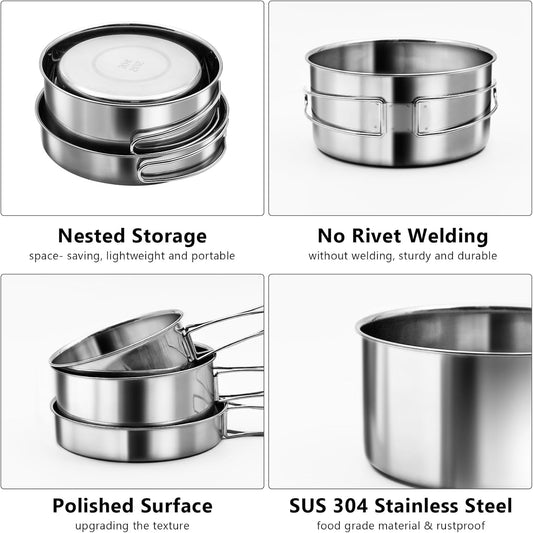 Stainless camping cookware nested together into one compact bundle
