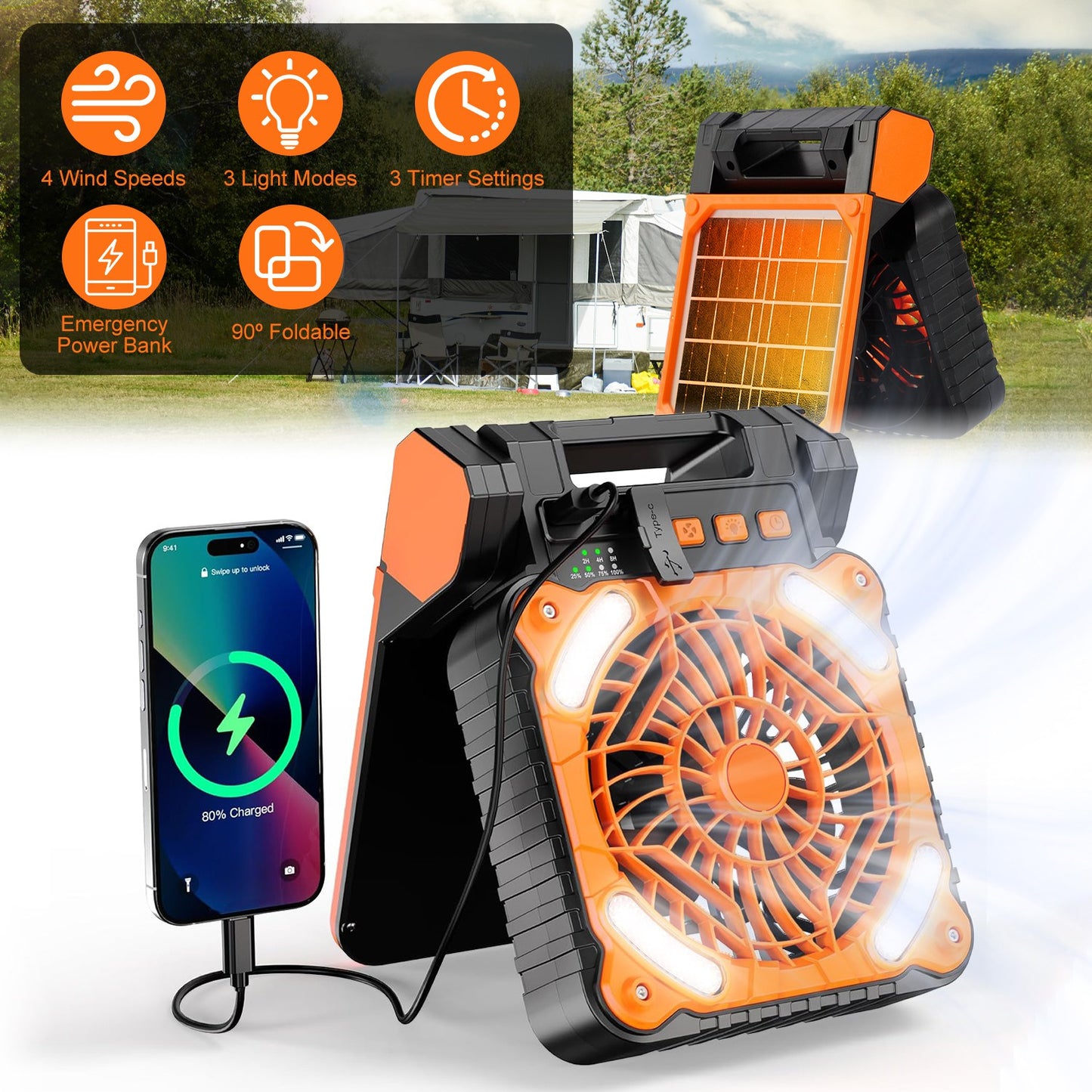 1Pc Solar Camping Fan with LED Lantern 5200Mah Rechargeable Battery Operated Portable Fan with Emergency Power Bank 4 Wind Speeds 3 Light Modes 3 Timers for Hiking Fishing Travel