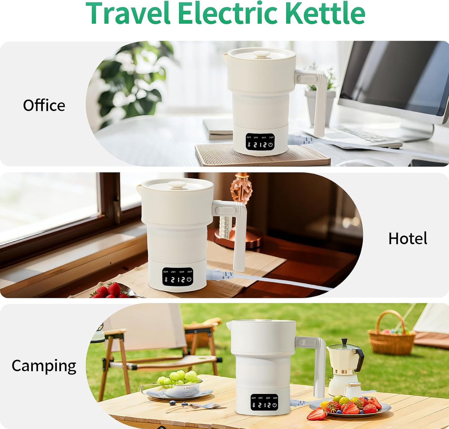 Portable Electric Kettle-Foldable Travel Water Boiler, 20Oz Collapsible Small Electric Kettle with 4-Temp Presets for Hotel, Office, Camping