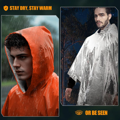 4 Pack Emergency Ponchos with Thickened Mylar Blanket Lining, Windproof, Waterpr