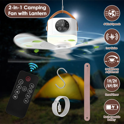 Hanging canopy fan with 4 speeds and 3 brightness levels for camping