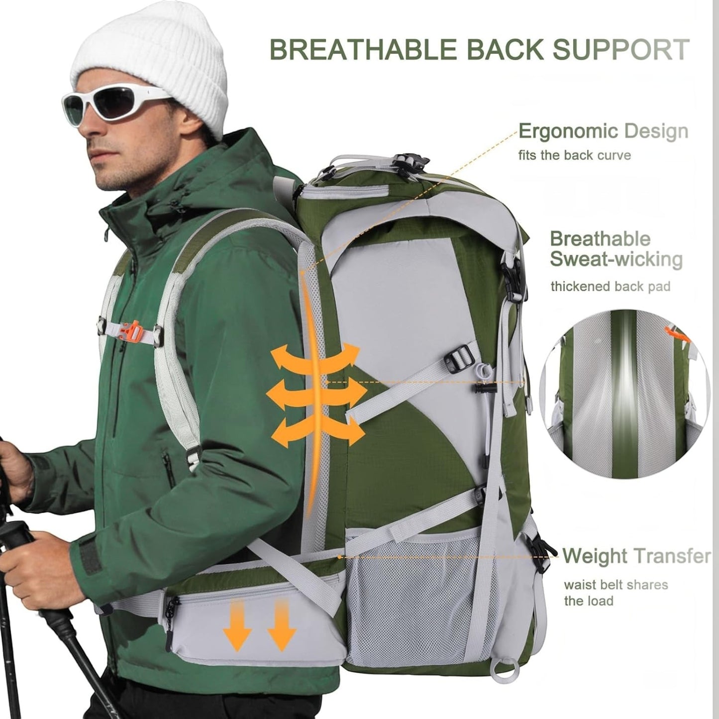 50L Hiking Backpack, Waterproof Flap Cover Camping Backpack with Rain Cover for Men Women, Lightweight Sport Daypack for Outdoor Camping Travel, Army Green