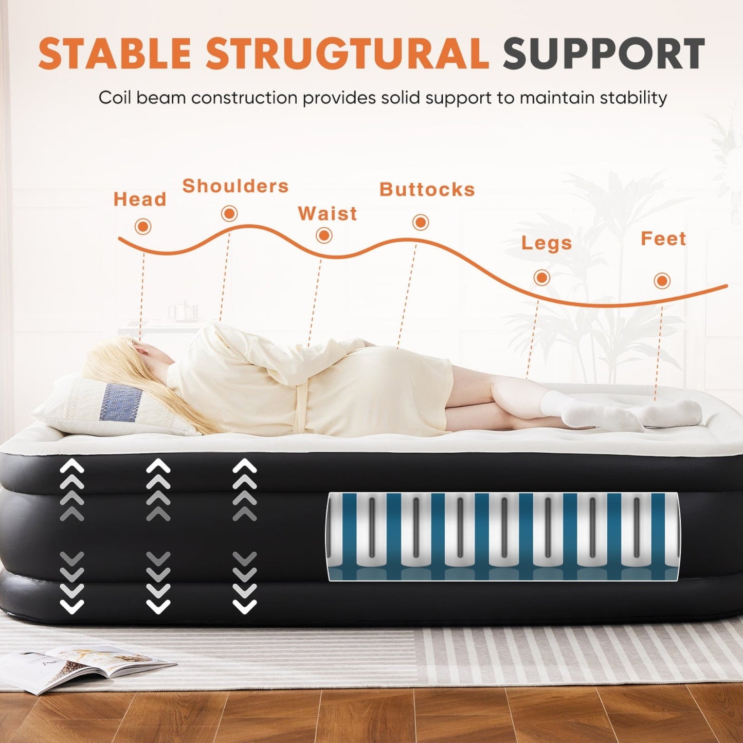 Air Mattress -16In- 18In Inflatable Blow up Mattress Airbed with Built-In High Capacity Pump, Double Height, Adjustable, Non-Slip Bottom Design