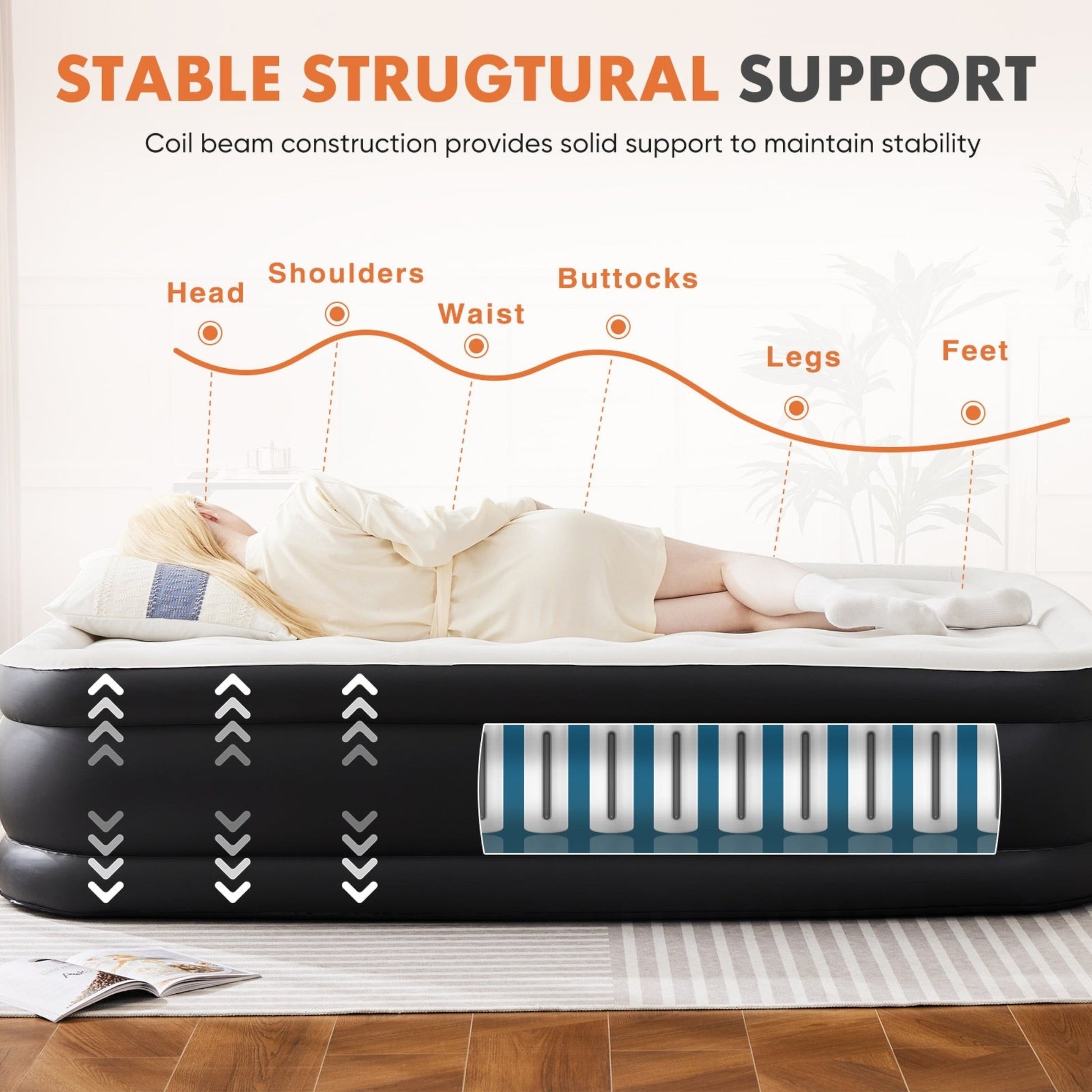 Air Mattress -16In- 18In Inflatable Blow up Mattress Airbed with Built-In High Capacity Pump, Double Height, Adjustable, Non-Slip Bottom Design