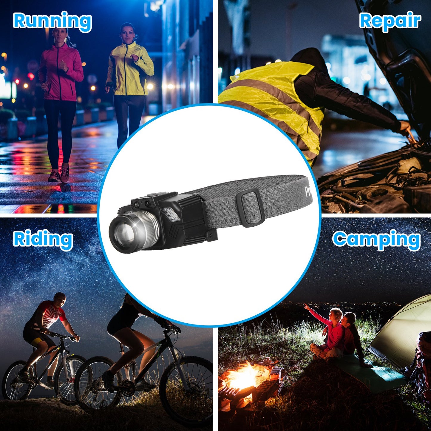 1Pc Motion Sensor LED Headlamp Zoomable Headlamp Flashlight Waterproof Outdoor Emergency Headlight with 3 Lighting Modes