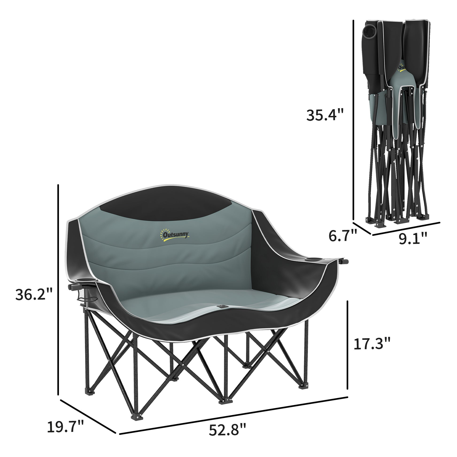 Padded Folding Camp Chair for Adults, Double Camping Chair with Armrests, Cup Holders, Carry Bag for Outdoor, Black