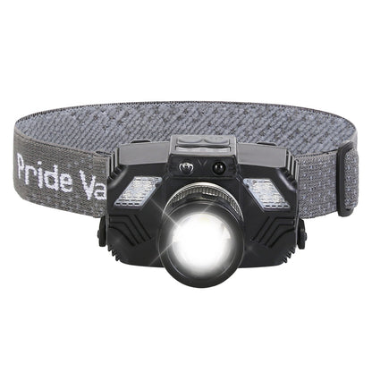 Motion-sensor LED headlamp with zoomable beam for hands-free camp lighting