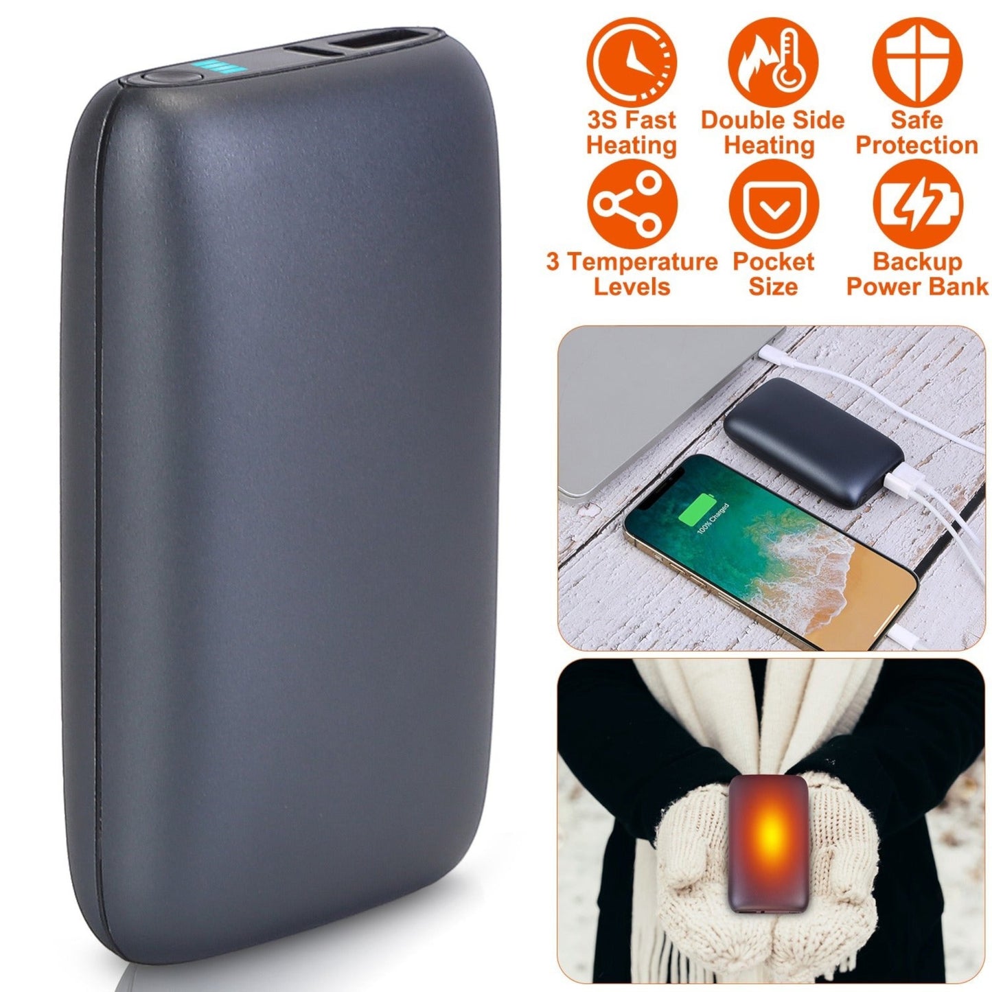 1Pc Electric Double Sided Hand Warmer Battery Backup Power Bank Rechargeable Hand Heater with 3 Temperature Levels Portable Pocket Warmer