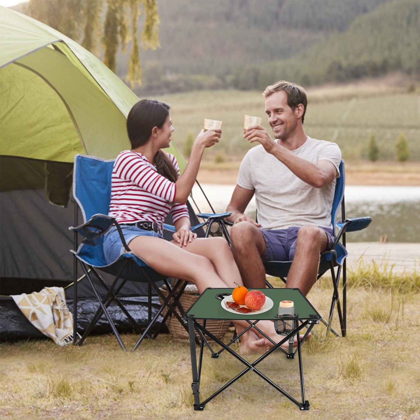 1Pc 2Pc Options Foldable Camping Table Portable Picnic Table Lightweight Travel Desk with 2 Cup Holders Carrying Bag Color Options Black Orange Green Red Blue Navy Blue