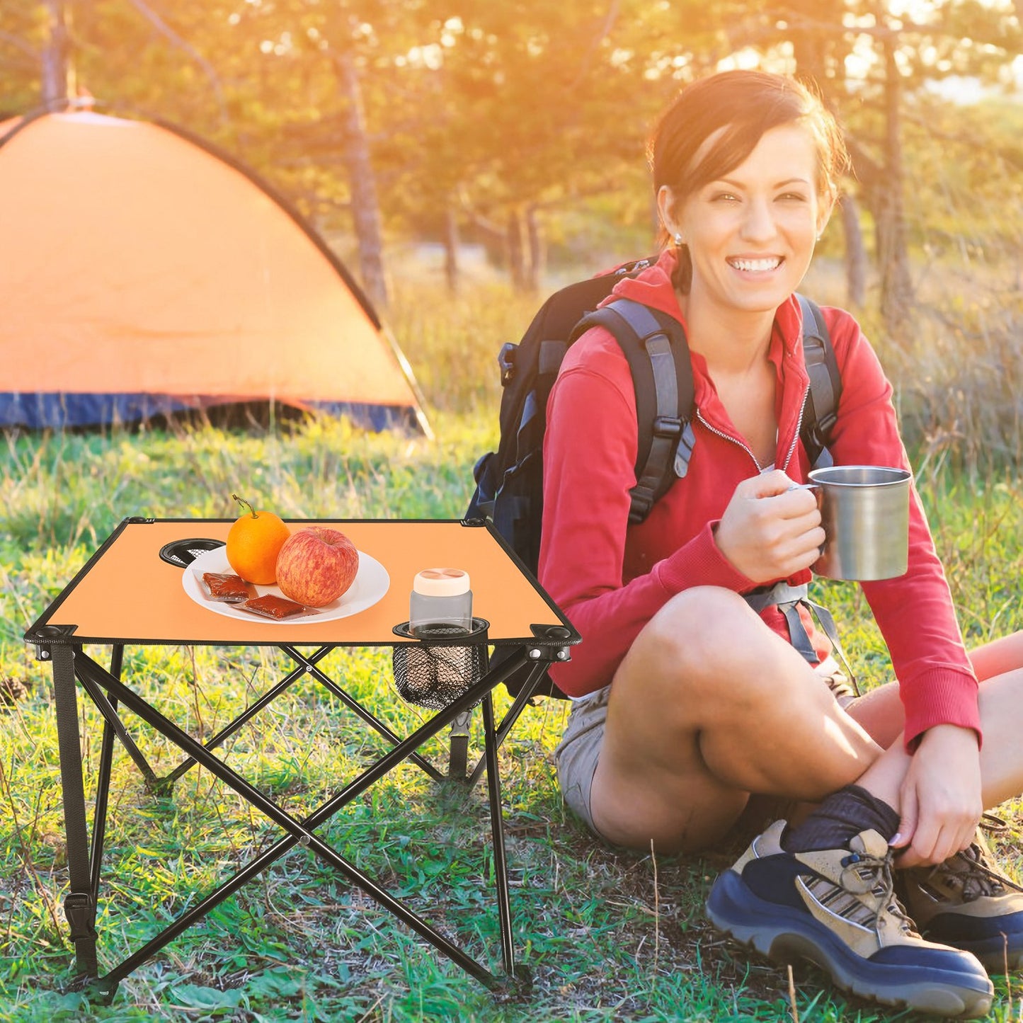 1Pc 2Pc Options Foldable Camping Table Portable Picnic Table Lightweight Travel Desk with 2 Cup Holders Carrying Bag Color Options Black Orange Green Red Blue Navy Blue