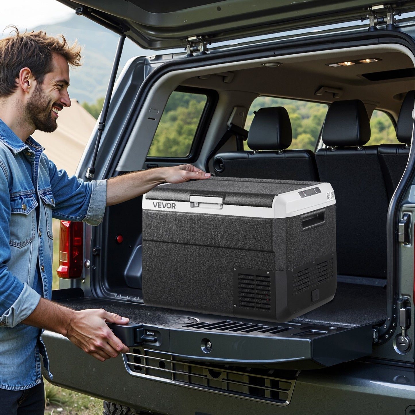 Electric car cooler open showing food and drink storage capacity
