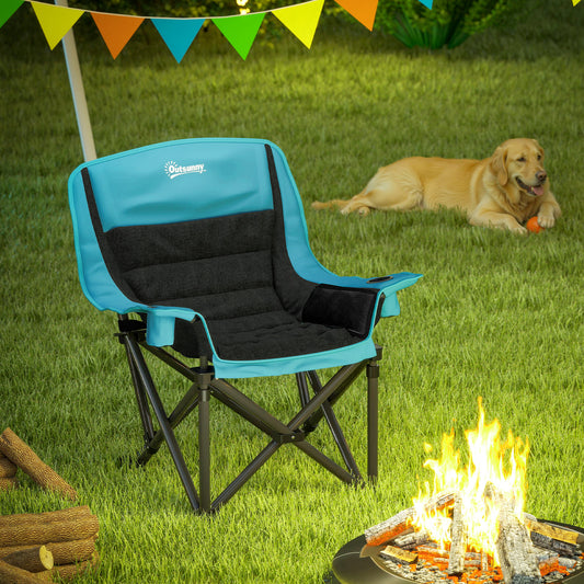 Portable camping chair folded into its shoulder carry bag