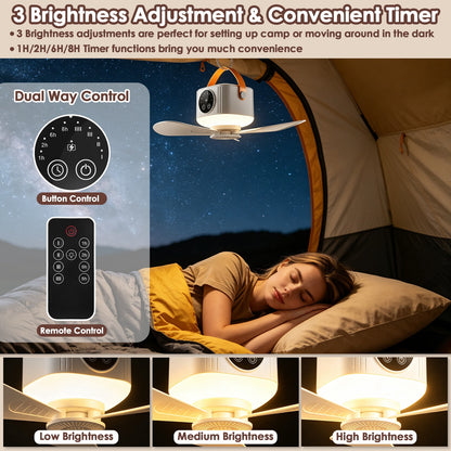 1Pc Tent Ceiling Fan with Light 7200Mah Rechargeable Battery Operated Hanging Canopy Fan with Remote Control 4 Wind Speeds 3 Brightness Standard Type